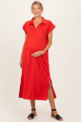 Tomato Red Collared Oversized Maternity Midi Dress