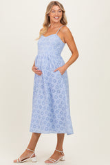 Powder Blue Floral Gingham Maternity Midi Dress
