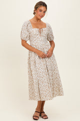 Cream Floral Puff Sleeve Midi Dress