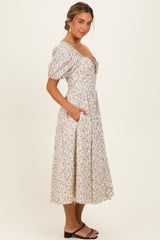 Cream Floral Puff Sleeve Midi Dress
