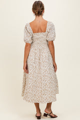 Cream Floral Puff Sleeve Midi Dress