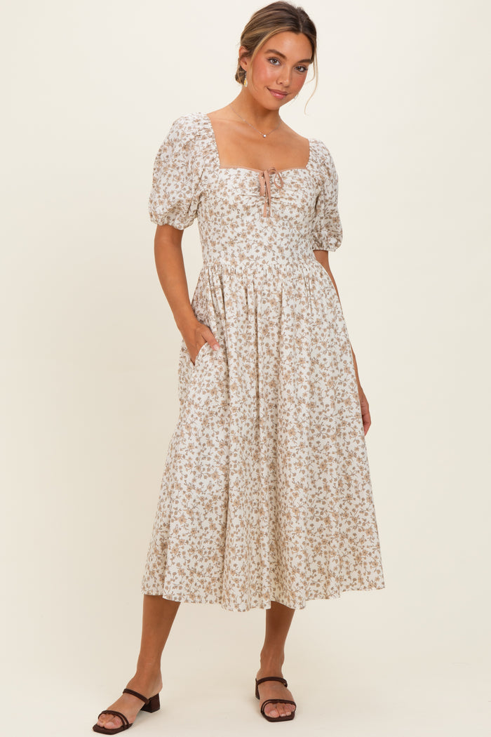 Cream Floral Puff Sleeve Midi Dress