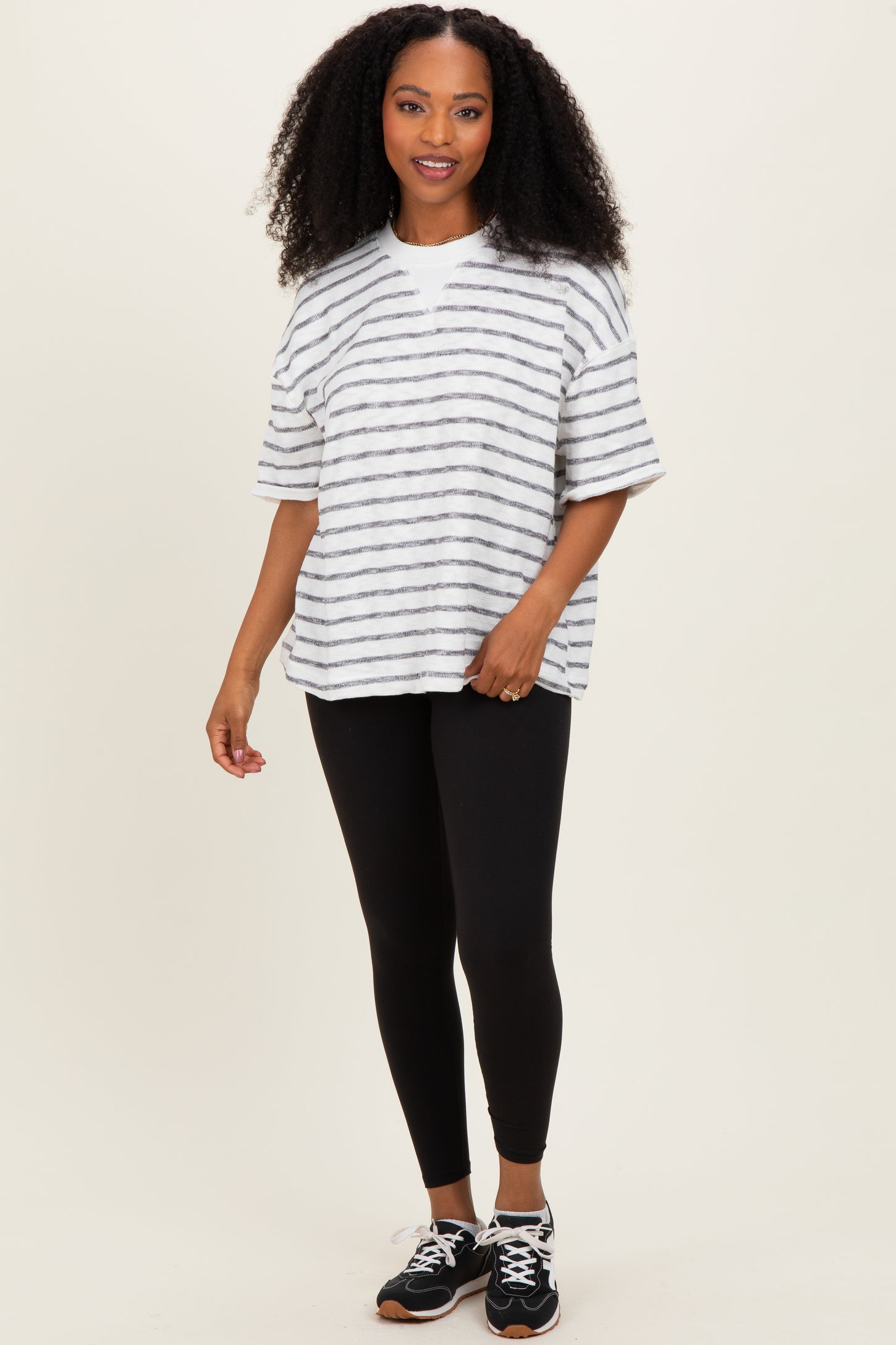 Black Oversized Striped Short Sleeve Top