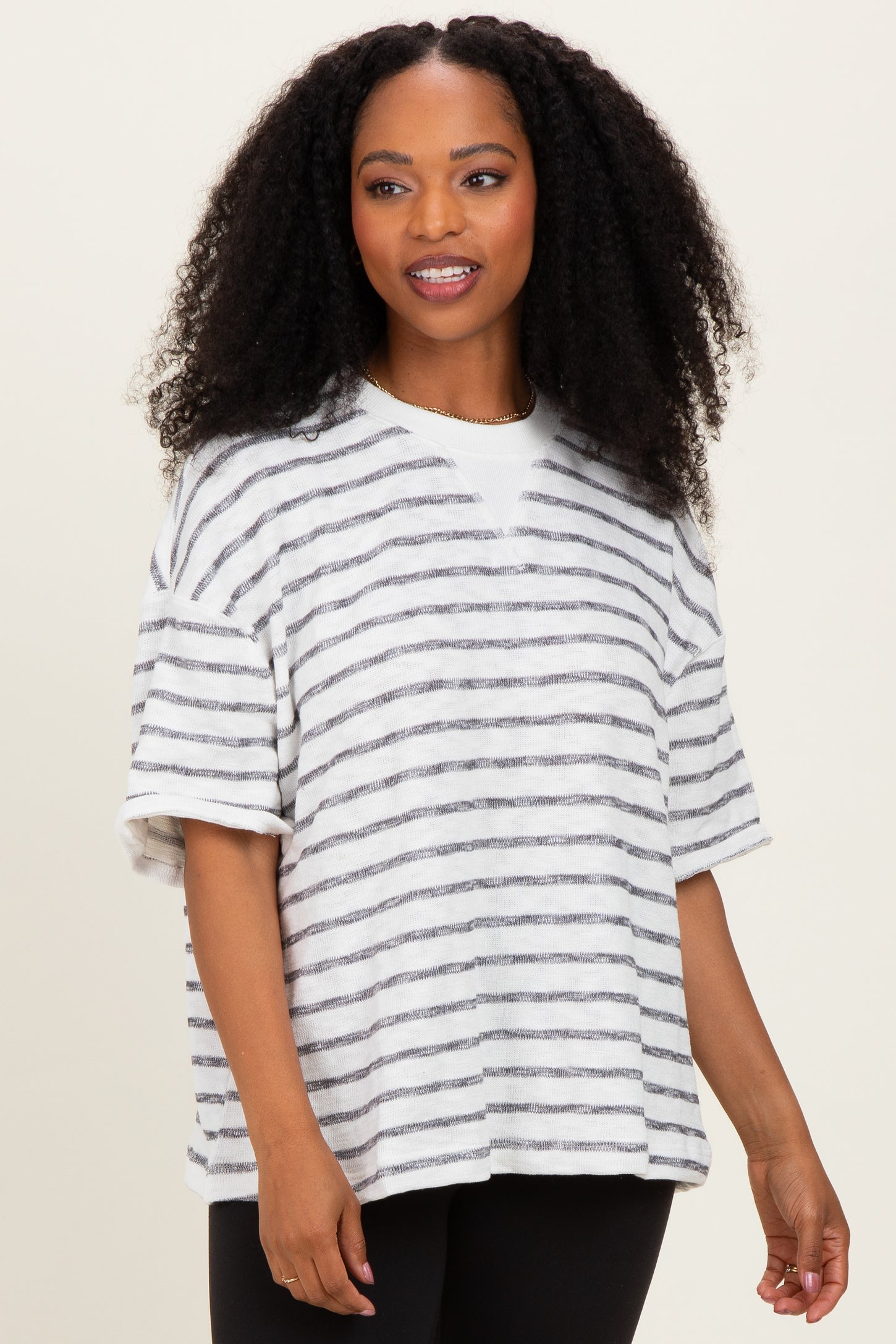 Black Oversized Striped Short Sleeve Top