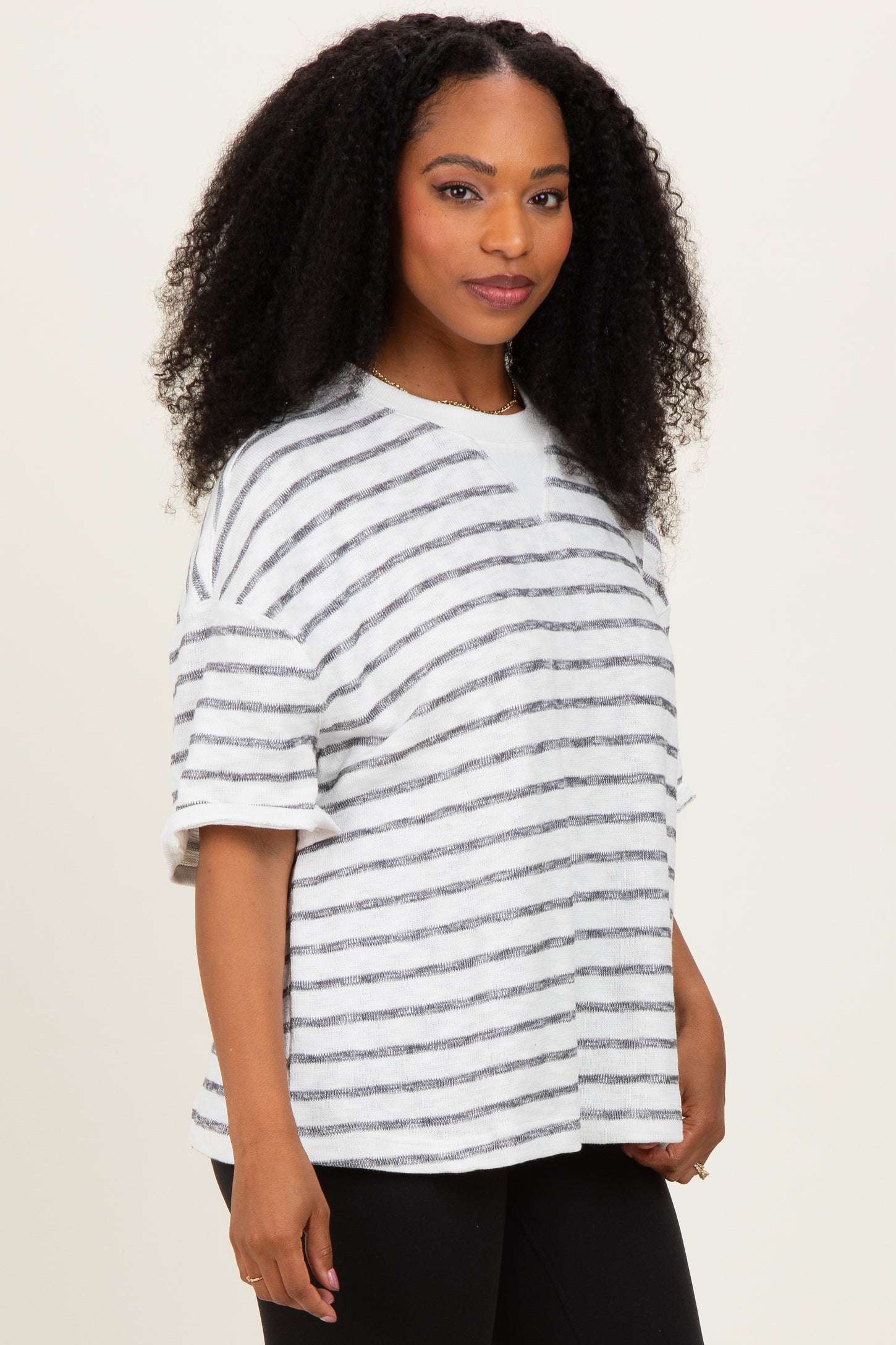 Black Oversized Striped Short Sleeve Top