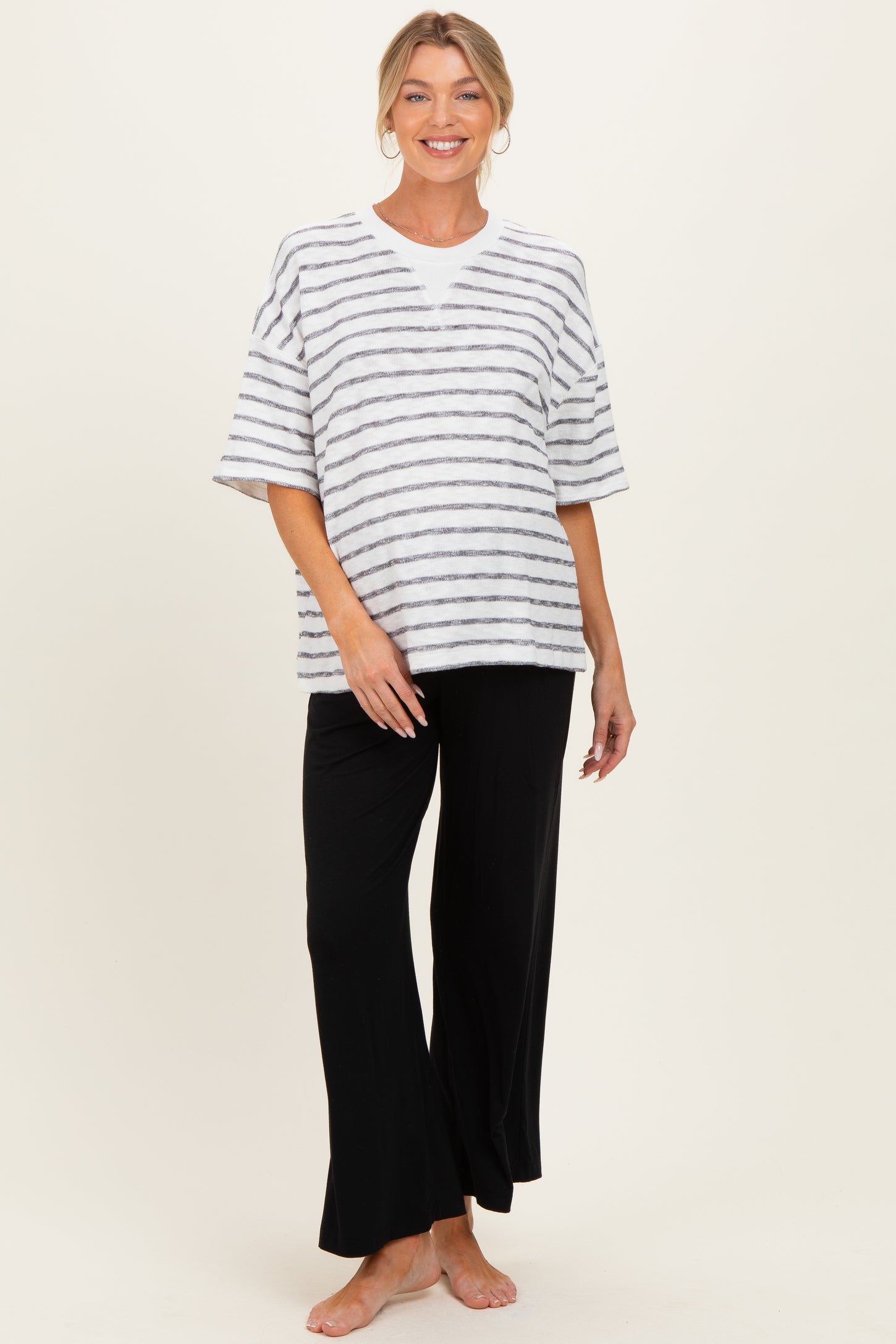 Black Oversized Striped Maternity Short Sleeve Top