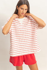 Red Oversized Striped Maternity Short Sleeve Top