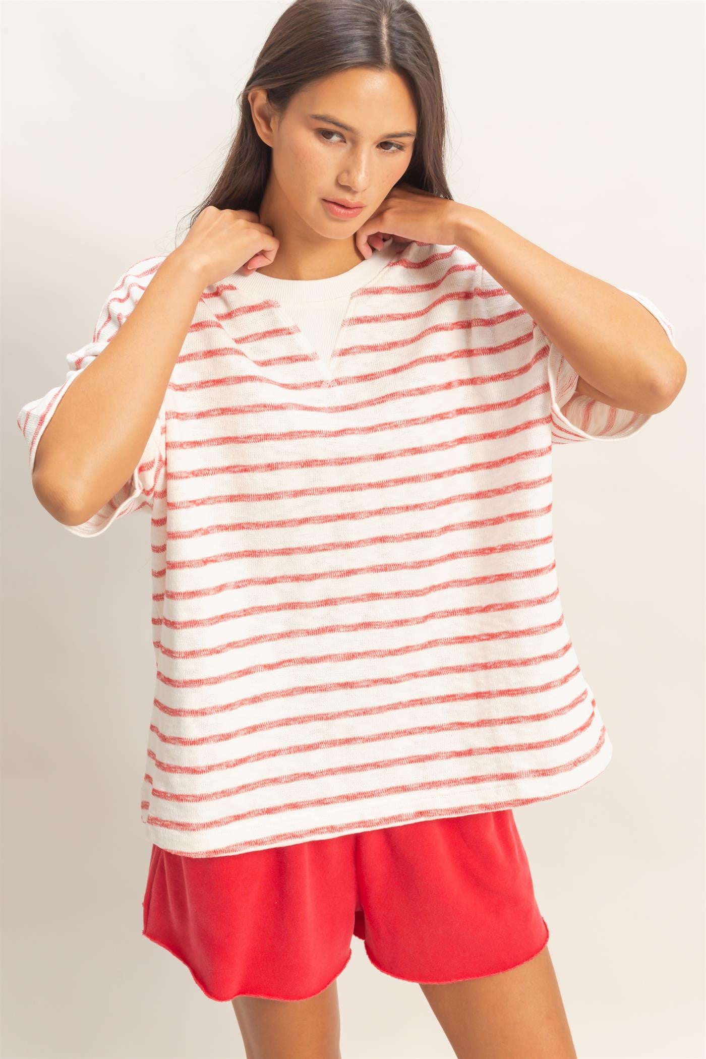 Red Oversized Striped Short Sleeve Top