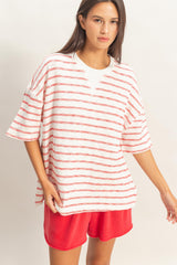 Red Oversized Striped Short Sleeve Top