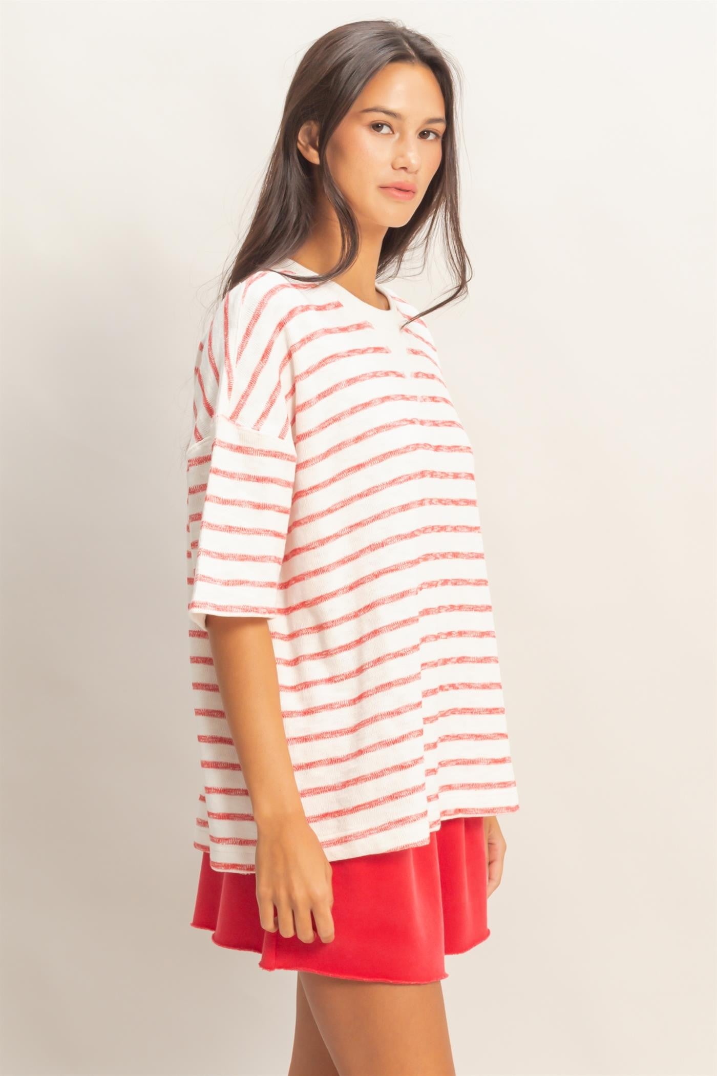 Red Oversized Striped Short Sleeve Top