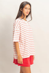 Red Oversized Striped Short Sleeve Top