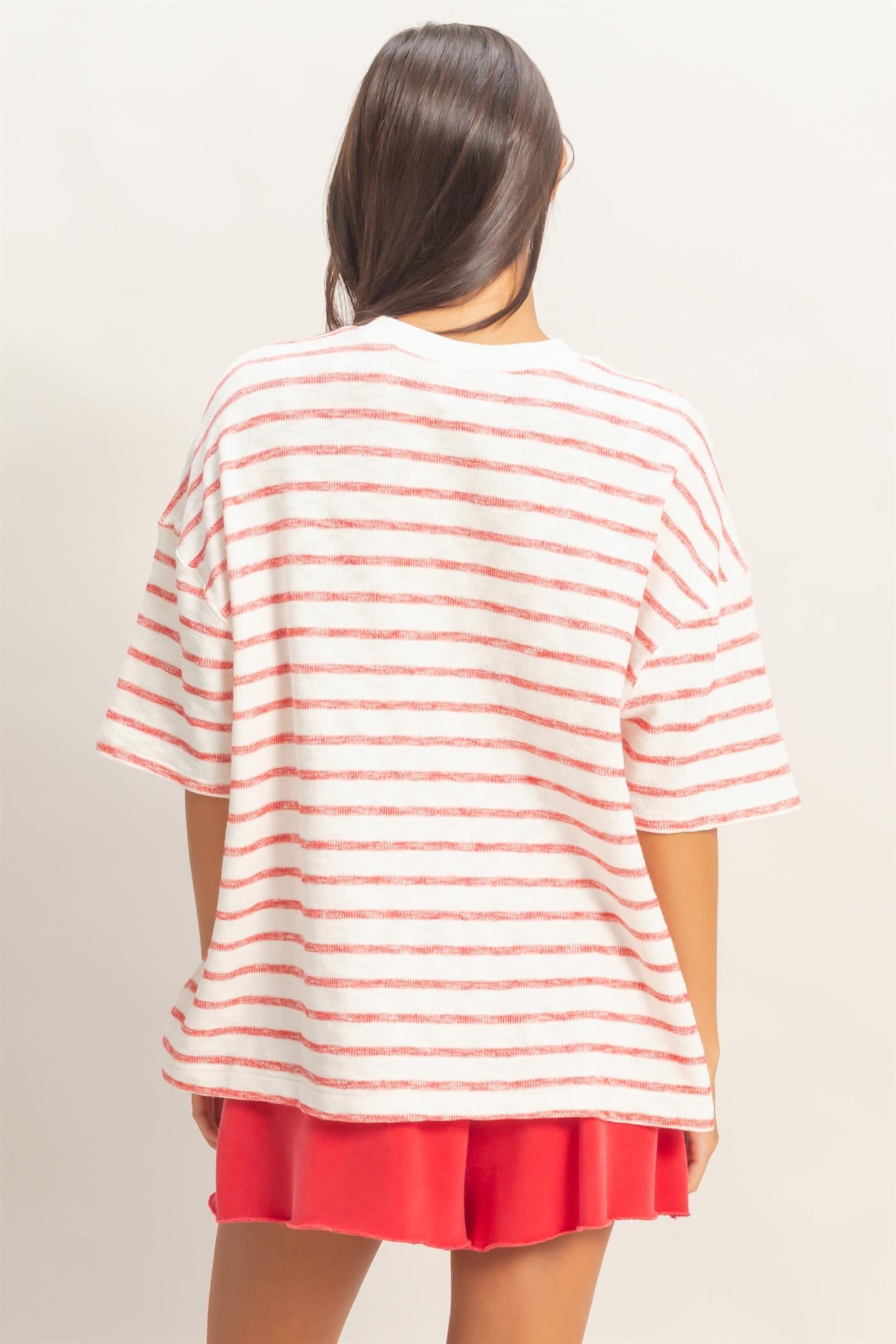 Red Oversized Striped Short Sleeve Top