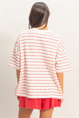 Red Oversized Striped Short Sleeve Top