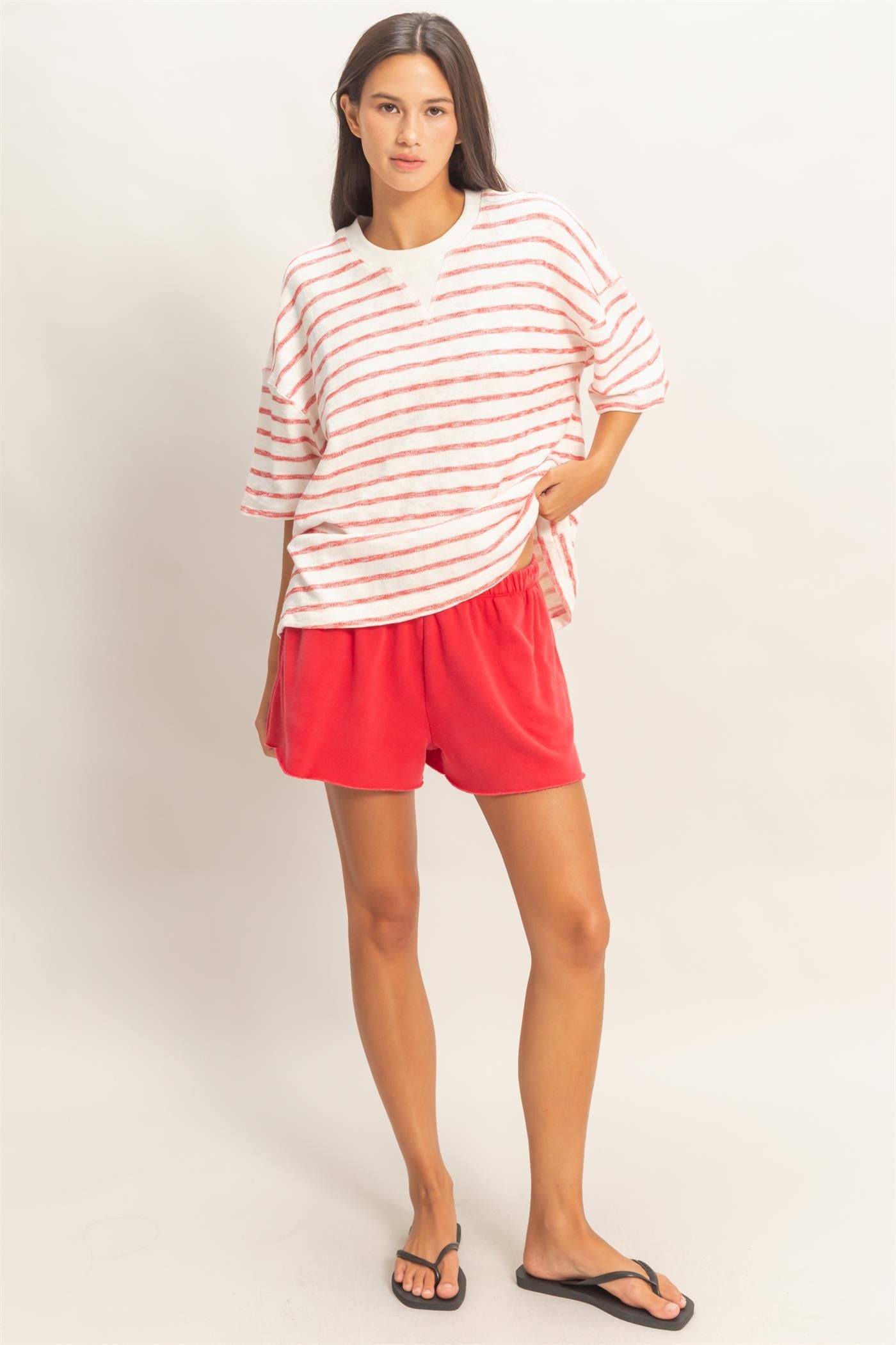 Red Oversized Striped Short Sleeve Top