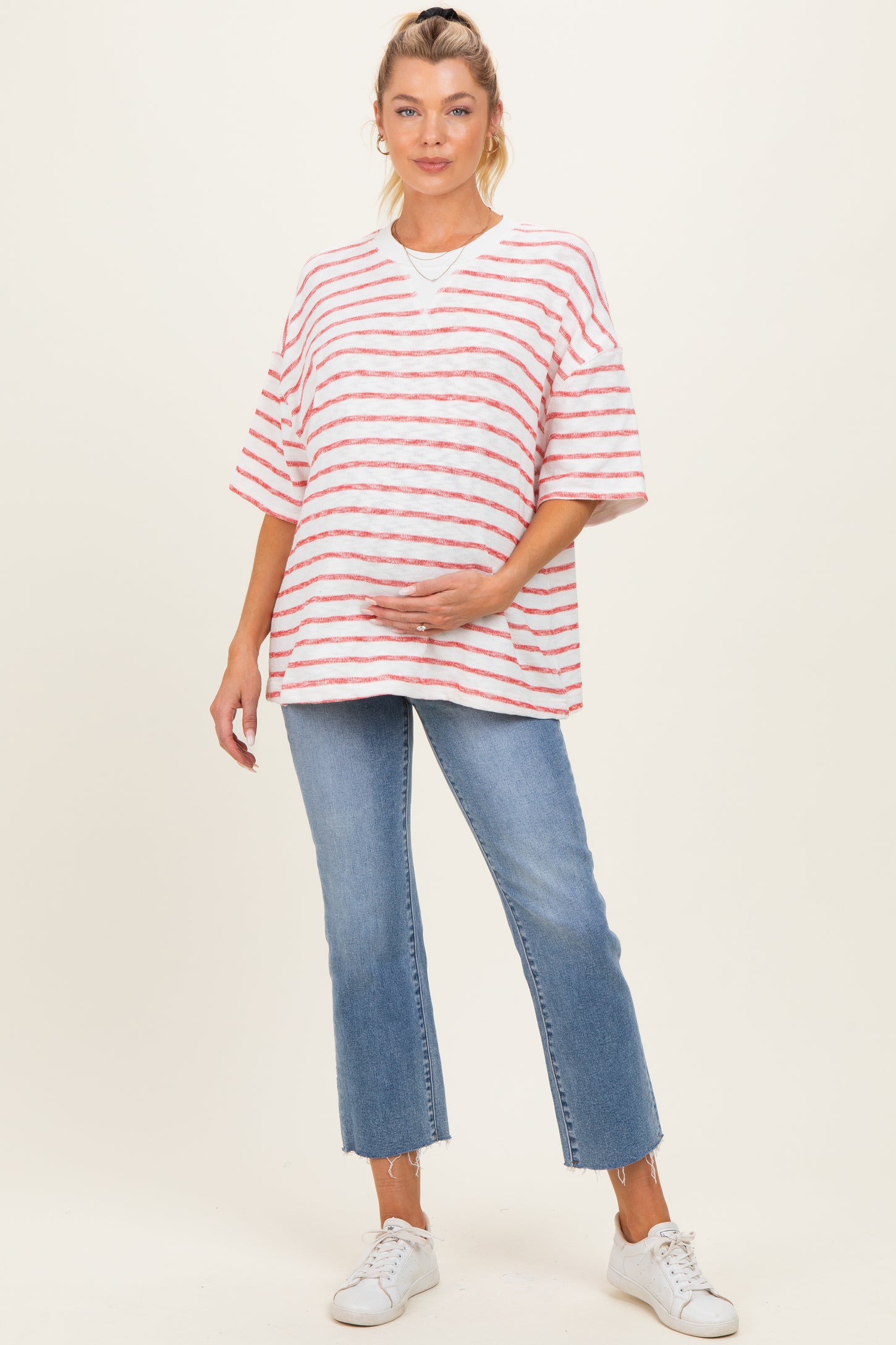 Red Oversized Striped Maternity Short Sleeve Top