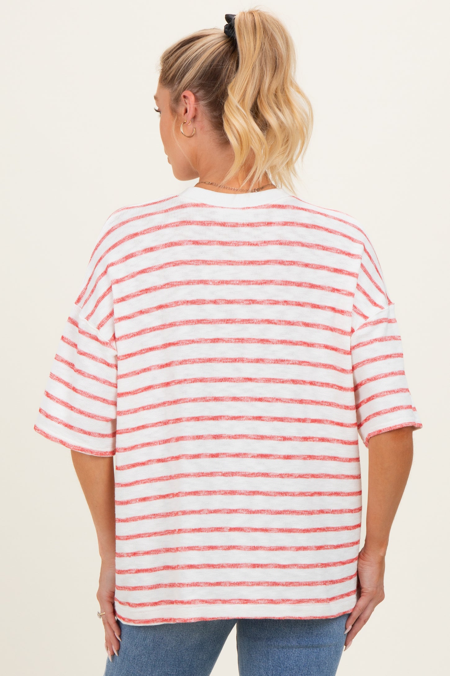 Red Oversized Striped Maternity Short Sleeve Top