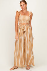 Beige Striped Smocked Crop Top Maxi Skirt Set