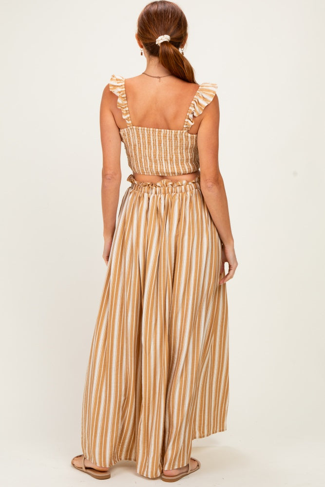 Beige Striped Smocked Crop Top Maxi Skirt Set