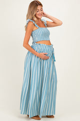 Blue Striped Smocked Crop Top Maxi Skirt Maternity Set