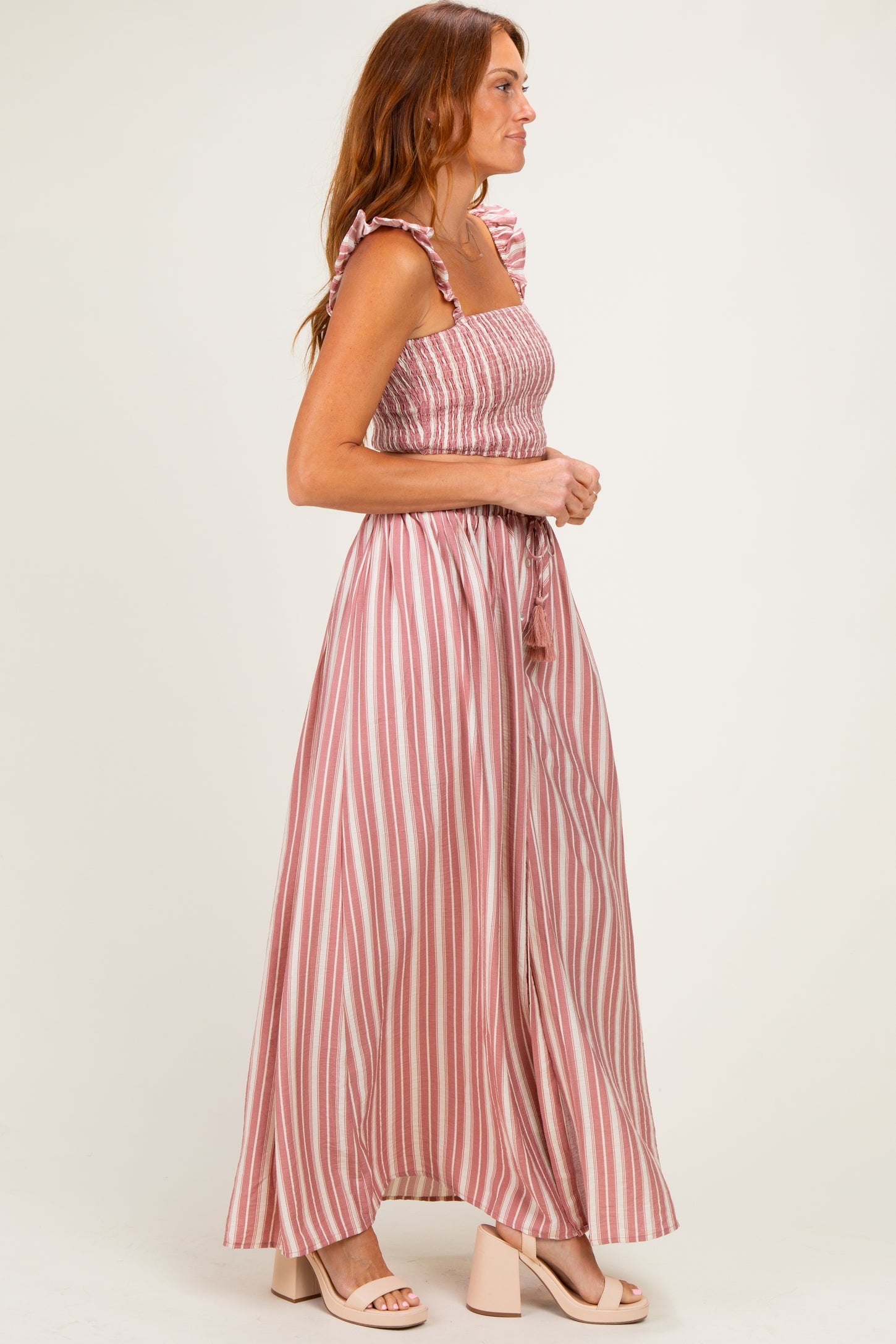 Rose Pink Striped Smocked Crop Top Maxi Skirt Set