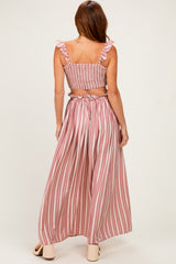 Rose Pink Striped Smocked Crop Top Maxi Skirt Set