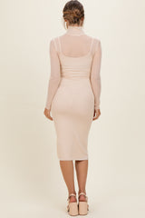 Beige Mesh Overlay Fitted Maternity Midi Dress
