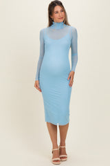 Blue Mesh Overlay Fitted Maternity Midi Dress