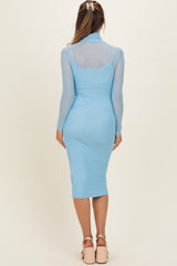 Blue Mesh Overlay Fitted Maternity Midi Dress