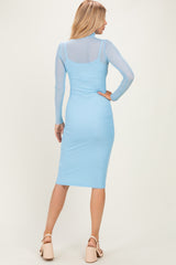 Blue Mesh Overlay Fitted Midi Dress