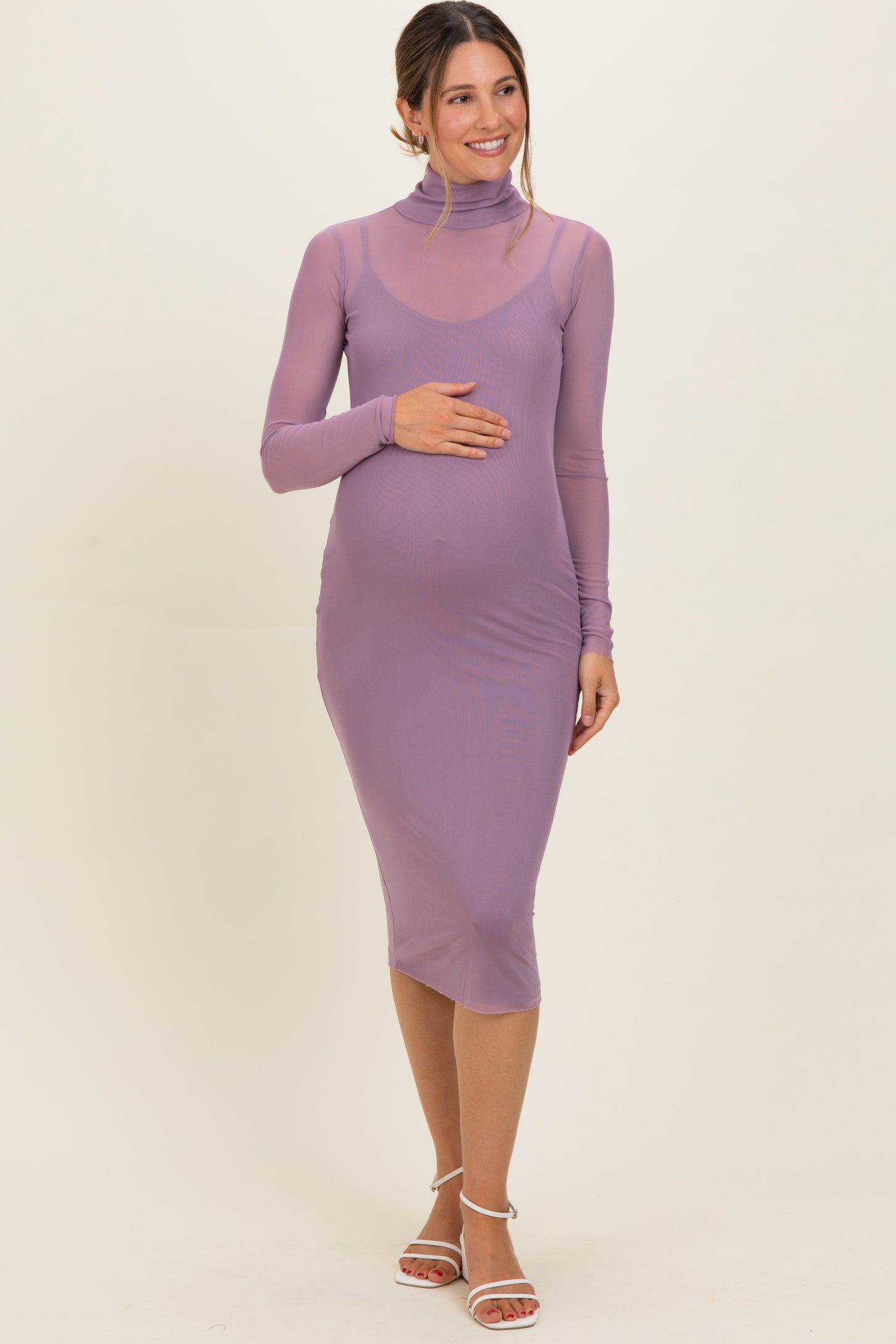 Dusty Lavender Mesh Overlay Fitted Maternity Midi Dress