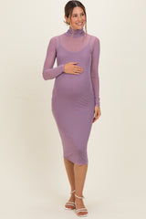 Dusty Lavender Mesh Overlay Fitted Maternity Midi Dress