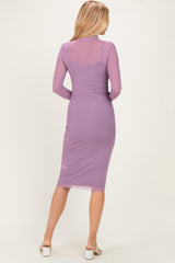 Dusty Lavender Mesh Overlay Fitted Midi Dress