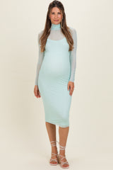 Mint Mesh Overlay Fitted Maternity Midi Dress