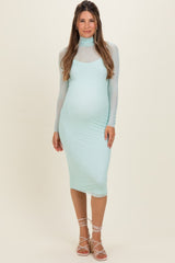 Mint Mesh Overlay Fitted Maternity Midi Dress