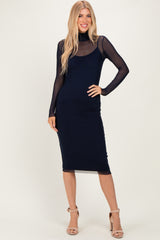 Navy Mesh Overlay Fitted Midi Dress