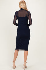 Navy Mesh Overlay Fitted Midi Dress