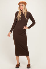 Brown Ribbed Fitted Long Sleeve Midi Dress