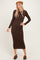 Brown Ribbed Fitted Long Sleeve Midi Dress
