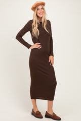 Brown Ribbed Fitted Long Sleeve Midi Dress