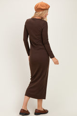 Brown Ribbed Fitted Long Sleeve Midi Dress