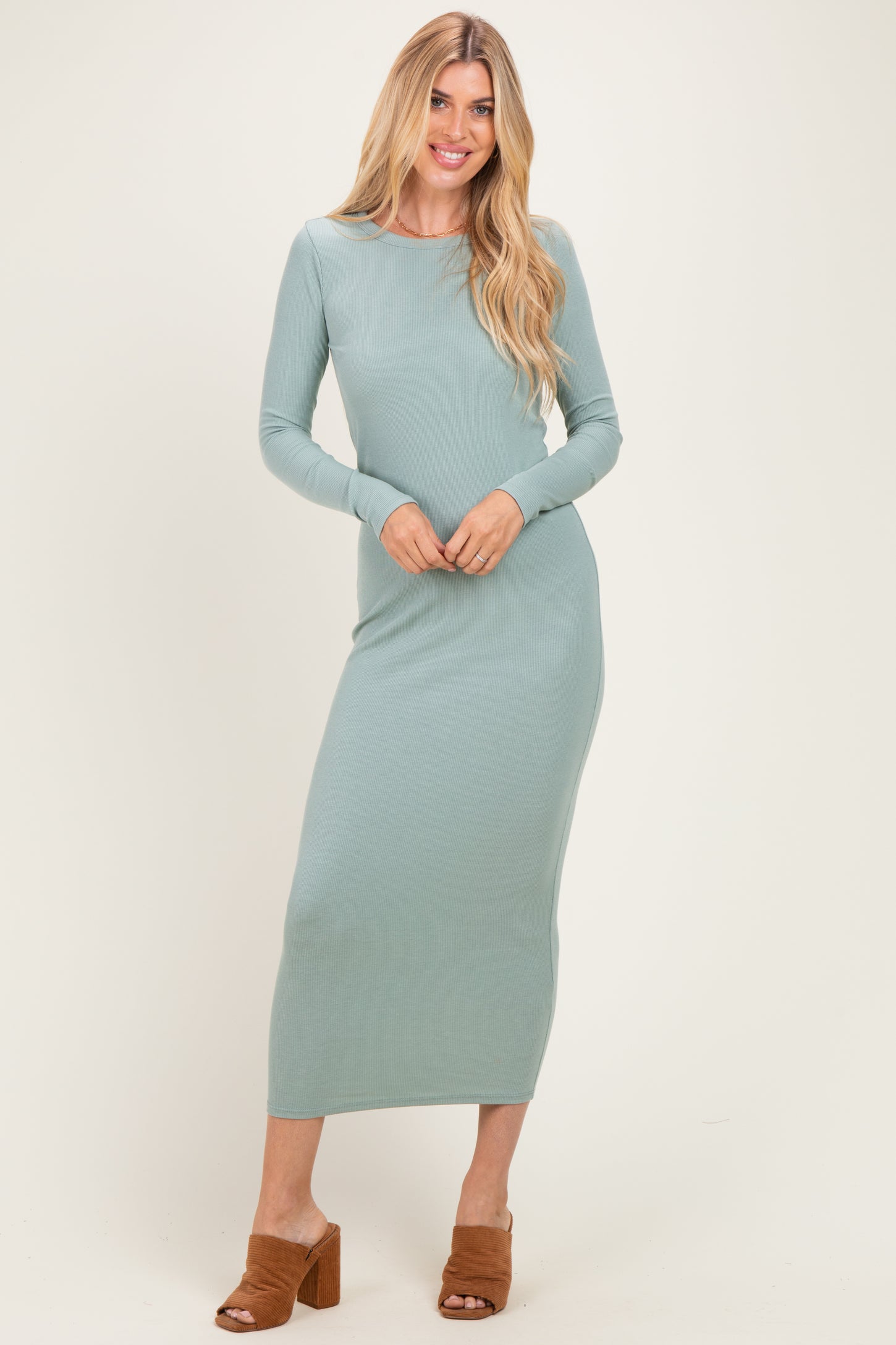 Sage Ribbed Fitted Long Sleeve Midi Dress