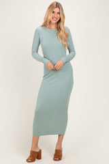 Sage Ribbed Fitted Long Sleeve Midi Dress