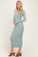 Sage Ribbed Fitted Long Sleeve Midi Dress