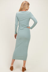 Sage Ribbed Fitted Long Sleeve Midi Dress