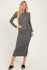 Olive Ribbed Fitted Long Sleeve Midi Dress