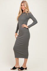 Olive Ribbed Fitted Long Sleeve Midi Dress