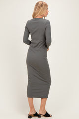 Olive Ribbed Fitted Long Sleeve Midi Dress