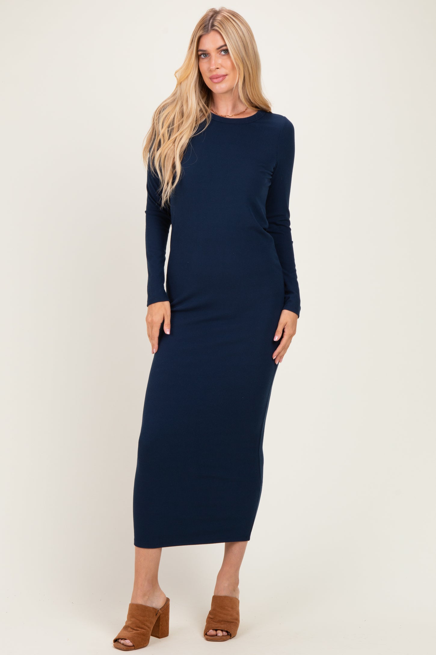 Navy Ribbed Fitted Long Sleeve Midi Dress