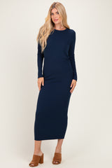 Navy Ribbed Fitted Long Sleeve Midi Dress