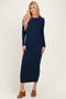 Navy Ribbed Fitted Long Sleeve Midi Dress